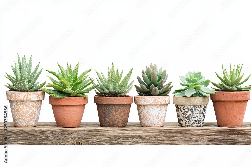 A vibrant arrangement of diverse succulents in decorative pots on a wooden shelf A vibrant arrangement of diverse succulents in decorative pots on a wooden shelf
