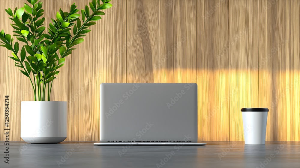 Fototapeta premium Modern Workspace with Laptop, Coffee Cup, and Potted Plant Against Wooden Wall, Perfect for Showcasing Productivity and Minimalist Aesthetics