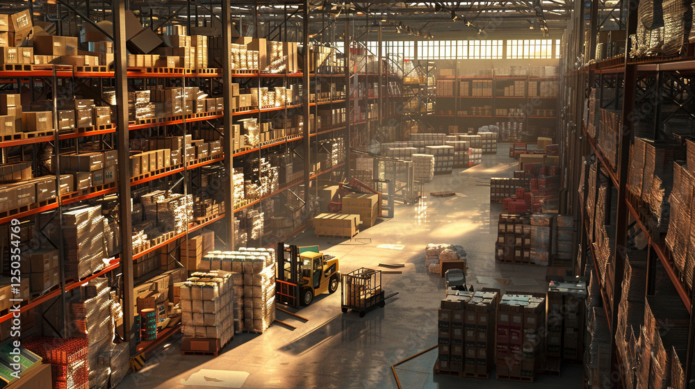 A massive warehouse with towering shelves filled with labeled boxes, forklifts moving goods A massive warehouse with towering shelves filled with labeled boxes, forklifts moving goods