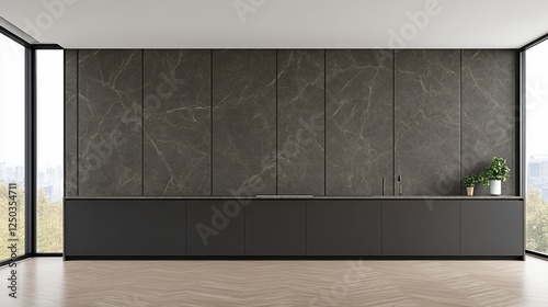 Modern dark kitchen with city view