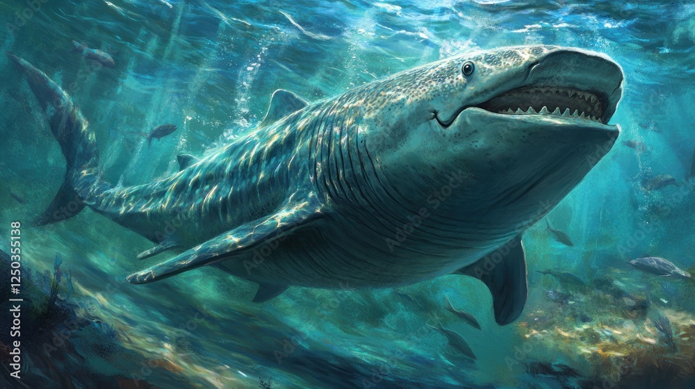 Fototapeta premium A prehistoric shark swimming gracefully in a vibrant underwater scene with diverse marine life