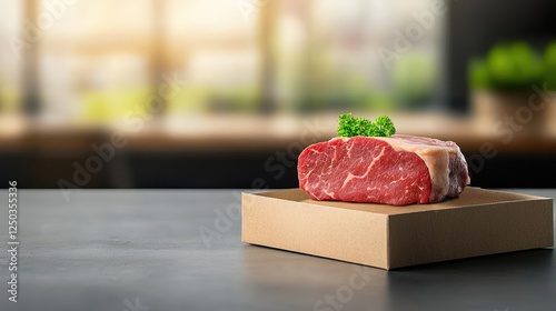 A piece of meat is on a cardboard box