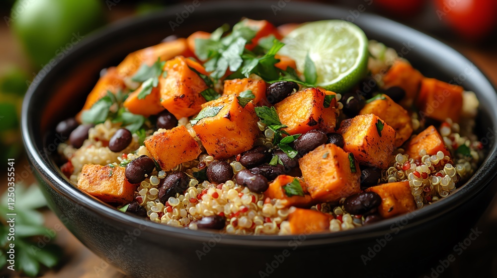 A vibrant bowl of quinoa mixed with roasted sweet potatoes, black beans, and fresh herbs. Garnished with lime, it's a colorful and nutritious dish perfect for healthy eating. A vibrant bowl of quinoa mixed with roasted sweet potatoes, black beans, and fresh herbs. Garnished with lime, it's a colorful and nutritious dish perfect for healthy eating.