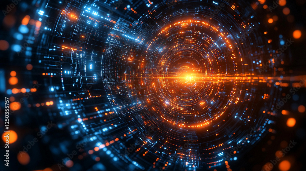 Abstract Digital Tunnel Orange Blue Glowing Lines Technology Data Stream Futuristic Background Abstract Digital Tunnel Orange Blue Glowing Lines Technology Data Stream Futuristic Background
