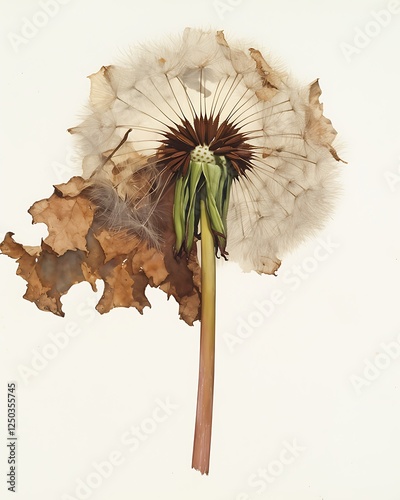 Dried Dandelion Seed Head with Autumn Leaves