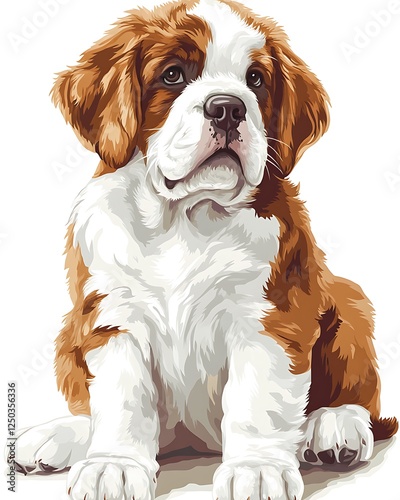 Cute Saint Bernard puppy sitting, studio shot, soft focus background