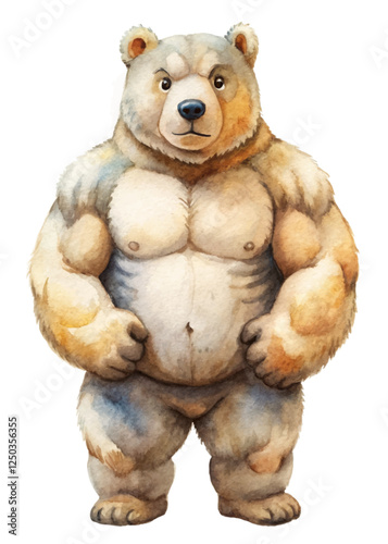 Cartoon bear character, muscular design, watercolor style, playful illustration, animal art, whimsical concept.