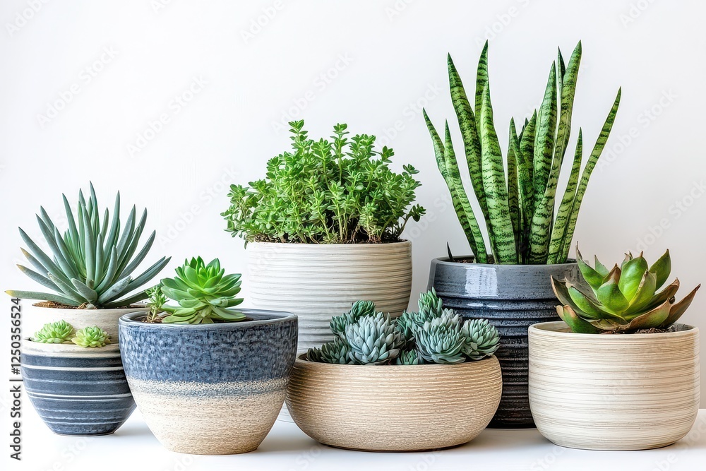 Fototapeta premium A vibrant arrangement of various succulent plants in decorative pots against a clean backdrop
