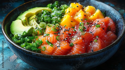 A vibrant bowl of fresh sushi ingredients featuring salmon, avocado, mango, and green onions, garnished with sesame seeds. Perfect for a healthy and colorful meal. photo