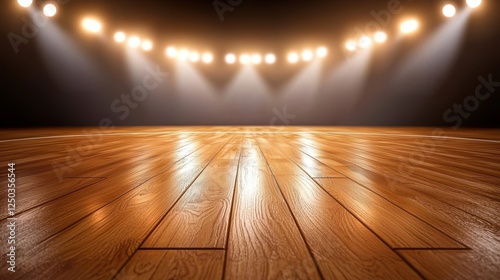 Close-Up of Basketball Free Throw Line Under Dramatic Stage Lighting in an Empty Indoor Sports Arena