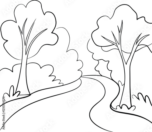 Simple Line Drawing of Winding Path, Two Trees, Nature Scene