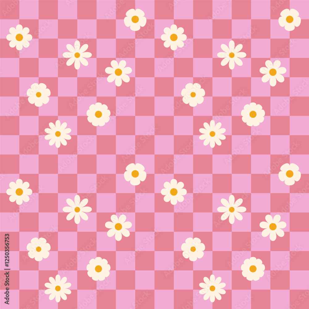Groovy flower checkered pattern. Retro seamless pattern with simple flowers in 1970s style. Groovy background for Tshirt, poster, card and print. Doodle vector