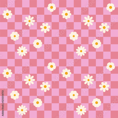 Groovy flower checkered pattern. Retro seamless pattern with simple flowers in 1970s style. Groovy background for Tshirt, poster, card and print. Doodle vector