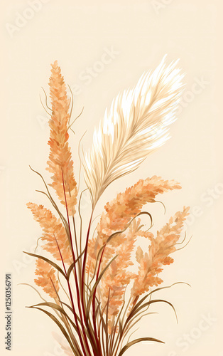 Illustration of pampas grass branches on the yellow background
