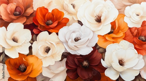 A vibrant assortment of blooming flowers in various shades, including orange, white, and burgundy, creating a visually striking floral arrangement.