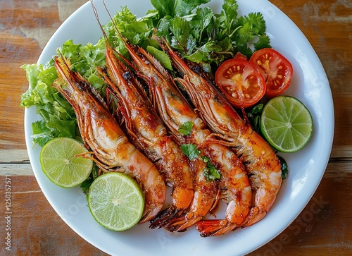 Grilled shrimp salad on a plate, wooden background photo
