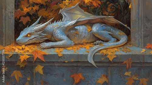 Blue dragon resting autumn leaves stone wall fantasy art