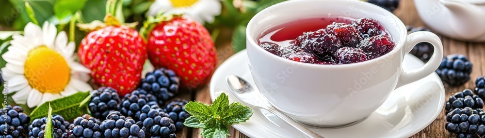 Fresh berry tea with strawberries and mint leaves.