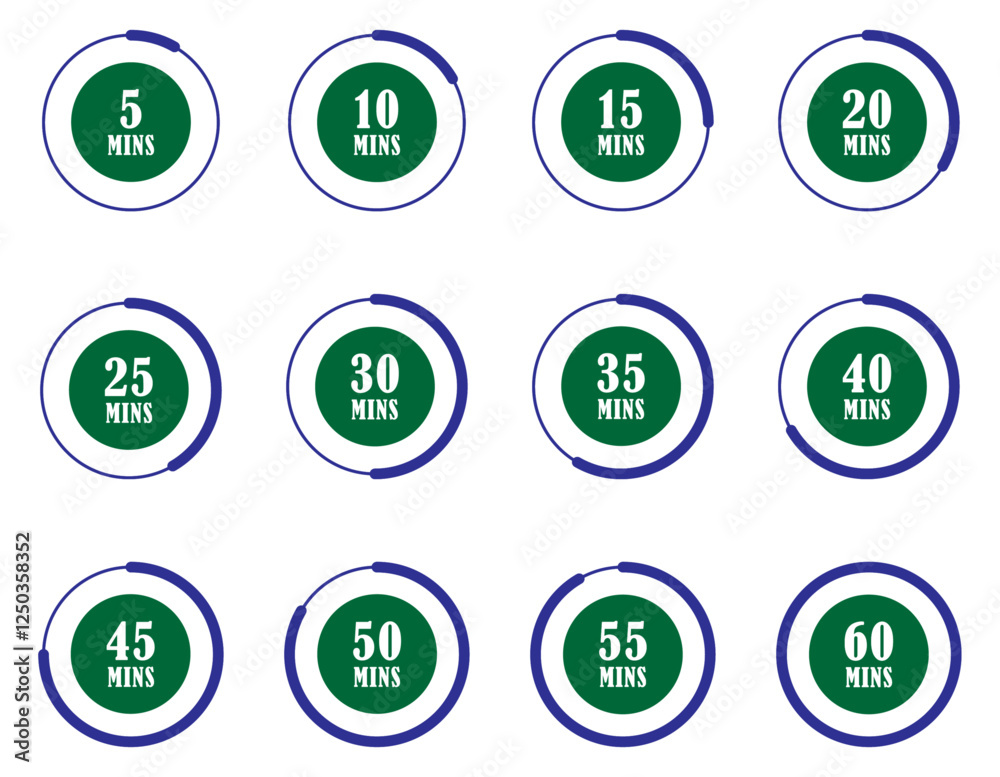 Timer icon set 5 10 15 20 25 30 35 40 45 50 55 and 60 minutes. Countdown icon set. Digital timer and clock set. Cooking time stopwatch icons. Countdown timer and clock icons. Vector illustration