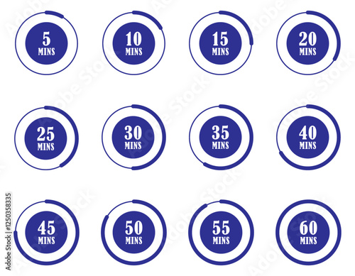 Timer icon set from 5 to 60 minutes vector collection. Countdown icons. Modern circular timer icons set showing countdowns from 5 to 60 minutes, perfect for scheduling, time management. Timer. clock. 