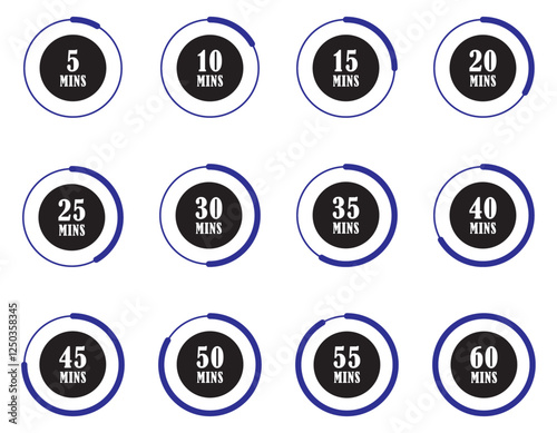 Timer, clock, stopwatch isolated set icons. Label cooking time. Set of timers. 5 10 15 20 25 30 35 40 45 50 55 and 60 minutes. Countdown timer icons set. deadline countdown. vector illustration
