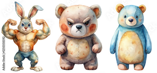 Colorful cartoon animals, muscular rabbit, cute bear characters, playful illustration style, children's book art.