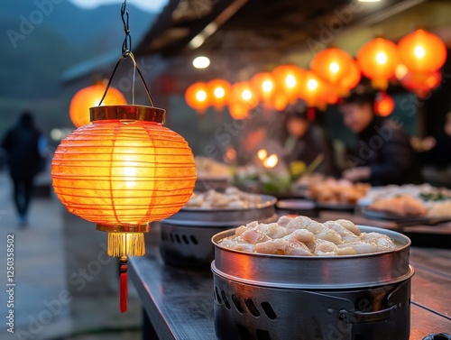 Lantern in Night Market with Dumplings and Warm Ambiance photo