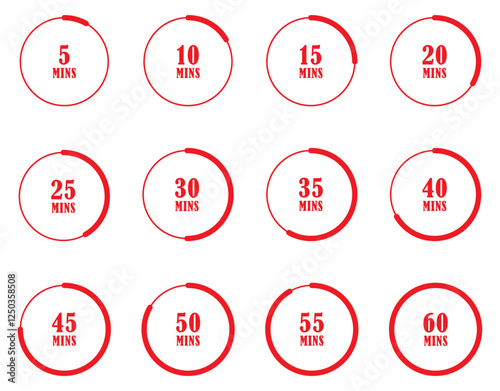 Countdown timer collection 5 10 15 20 25 30 35 40 45 50 55 and 60 minutes. Timer clock stopwatch icons vector for cooking and sport. Cooking time stopwatch and timer icons with hourglass. Vector