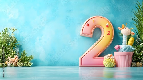 Vibrant 2 birthday number surrounded by tropical plants confetti and colorful party on a pastel blue background