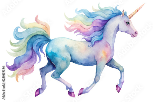 Colorful unicorn illustration, whimsical watercolor style, magical creature design, suitable for children's art, fantasy themes.