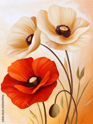 A vibrant painting of three poppy flowers, featuring two cream-colored blooms and one striking red poppy against a soft, warm background.