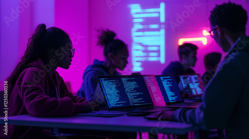 Diverse Coding Bootcamp Team Collaborating with Digital Code Projections