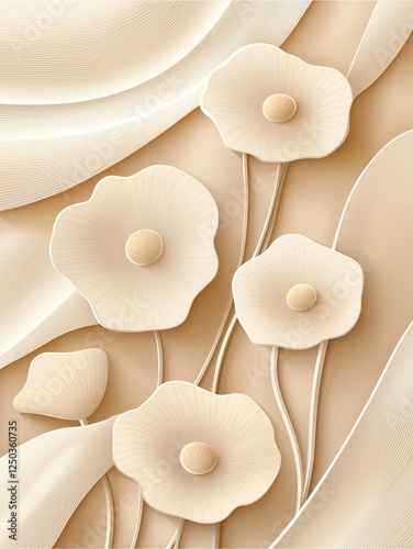 A delicate relief sculpture featuring beige flowers with rounded centers, gracefully placed against a textured background.
