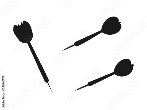 Simple Black Dart Silhouette Set. Vintage style throwing dart in vector silhouette. Dart for the professional game of darts flat vector icon. The silhouettes are isolated on a white background.