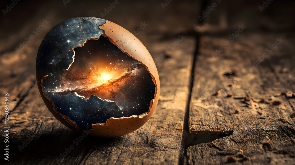 egg revealing a miniature galaxy inside, resting on an old wooden table 