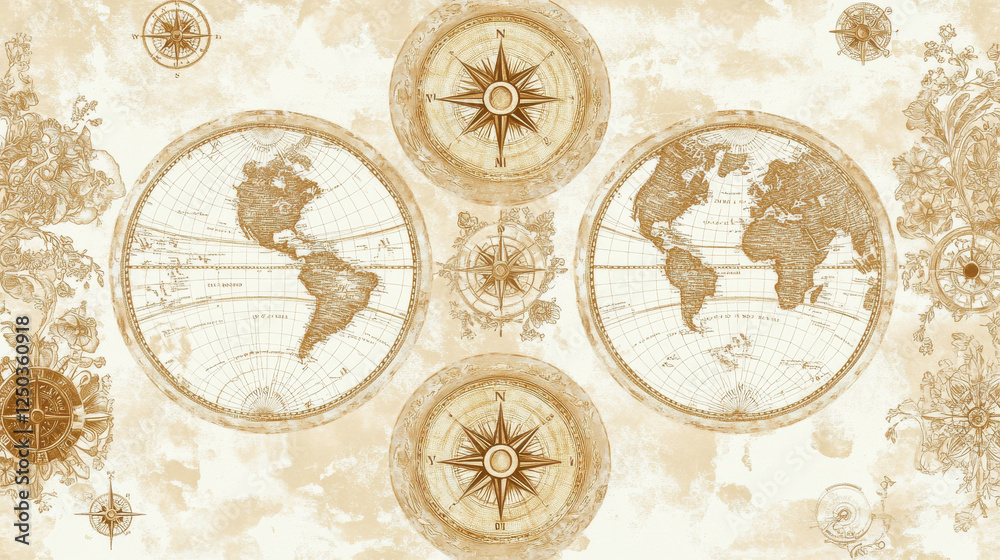 A stunning antique world map background, designed with softly faded borders, intricate hand-drawn continents A stunning antique world map background, designed with softly faded borders, intricate hand-drawn continents