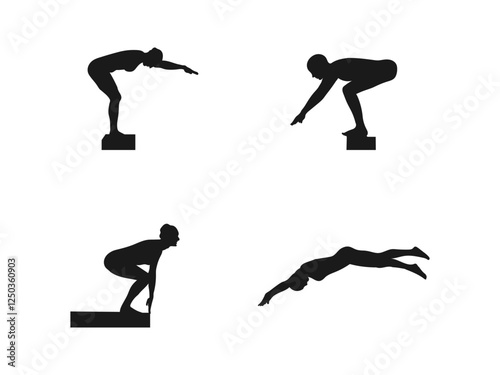 Female swimmer silhouette vector. Swimming silhouettes, Swimmer silhouettes, Woman swimming silhouettes, Backstroke swimmer silhouettes. The silhouettes are isolated on a white background.