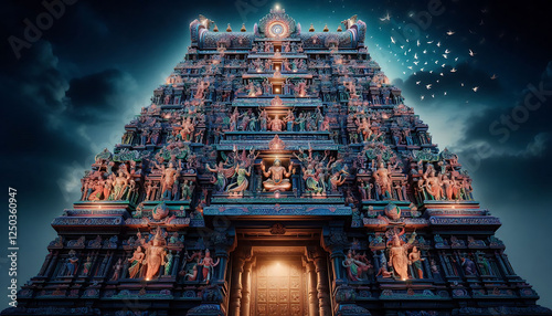 Temple Gateway to Divinity. Sri Ranganathaswamy Temple ,Dravidian Architecture ,South Indian Temple ,Digital Art Temple ,Spiritual Landmark ,Ethereal Temple View , Gopuram ,Sacred Hindu Site ,Divine . photo