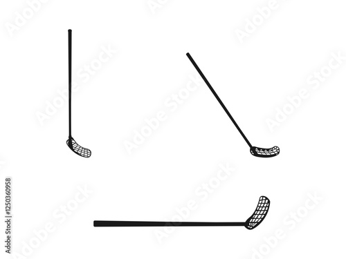 floorball sticks silhouette icon set. Floorball icon in simple isolated vector. Floorball stick and ball. floorball stick and ball vector. silhouettes are isolated on a white background.