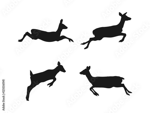 Jumping Roe Deer silhouette set. jumping deer silhouette on a black color, vector art illustration. Roe Deer silhouette vector. Animal silhouette. The silhouettes are isolated on a white background.