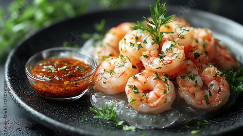 A tempting plate of fresh shrimp garnished with herbs, served with a spicy dipping sauce. Perfect for seafood lovers and gourmet cuisine enthusiasts. photo