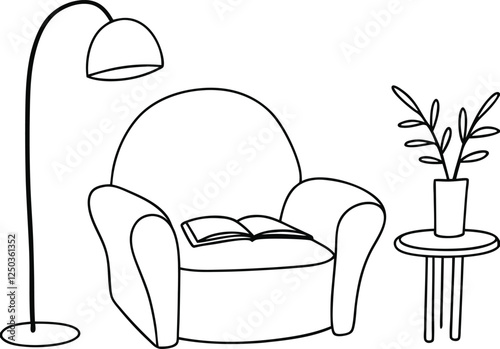 Cozy Armchair Reading Nook Lamp, Book, Plant, Side Table