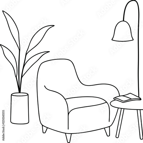 Cozy Reading Nook Armchair, Plant, Lamp, Side Table, Book