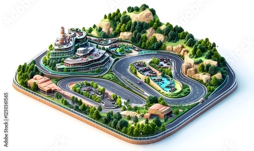 Hillside race track with buildings, cars, and lush greenery. Ideal for racing game backgrounds or advertising