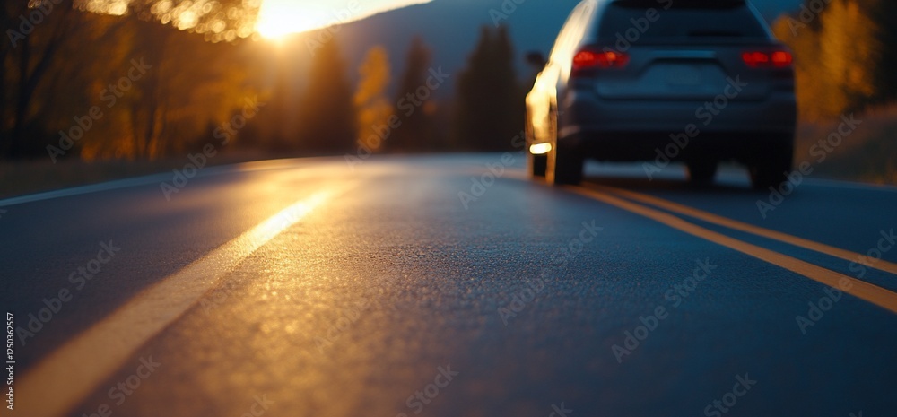 Golden hour highway drive with a defocused car silhouetted against the mountains Golden hour highway drive with a defocused car silhouetted against the mountains