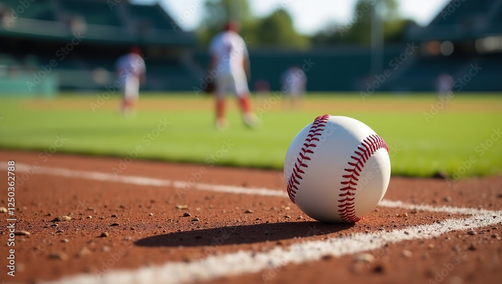 Obraz premium Close-up image of a pristine, leather-bound baseball resting on the first base line, evoking a sense of action and movement, perfect for advertising, marketing, or editorial use.