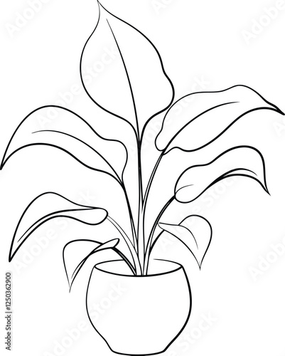 Simple Line Drawing of a Potted Peace Lily Plant