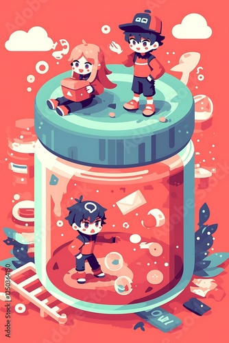 Tiny figures inside giant jar, whimsical scene, cartoon style