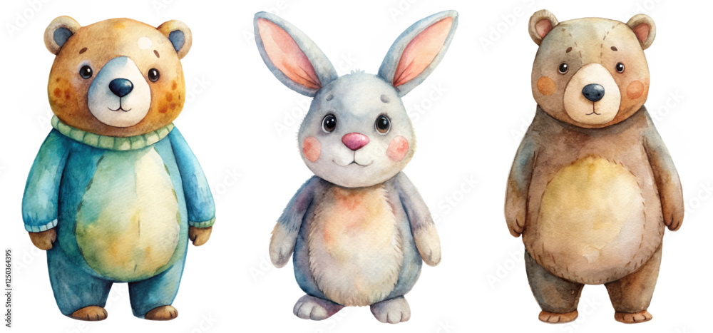 Fototapeta premium Cute animal characters, watercolor illustration, playful design, children's artwork, friendly bear and rabbit.