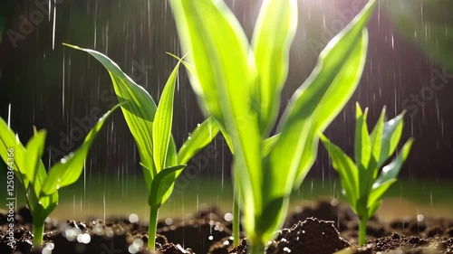 Fresh green sprouts emerge from rich soil during a gentle rain in a vibrant garden setting in springtime